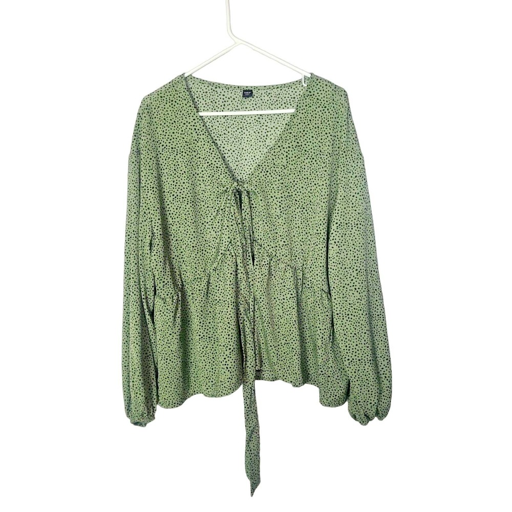 SHEIN Curve Green Polka Dot V-Neck Front Tie Babydoll Casual Top Womans Size 3XL